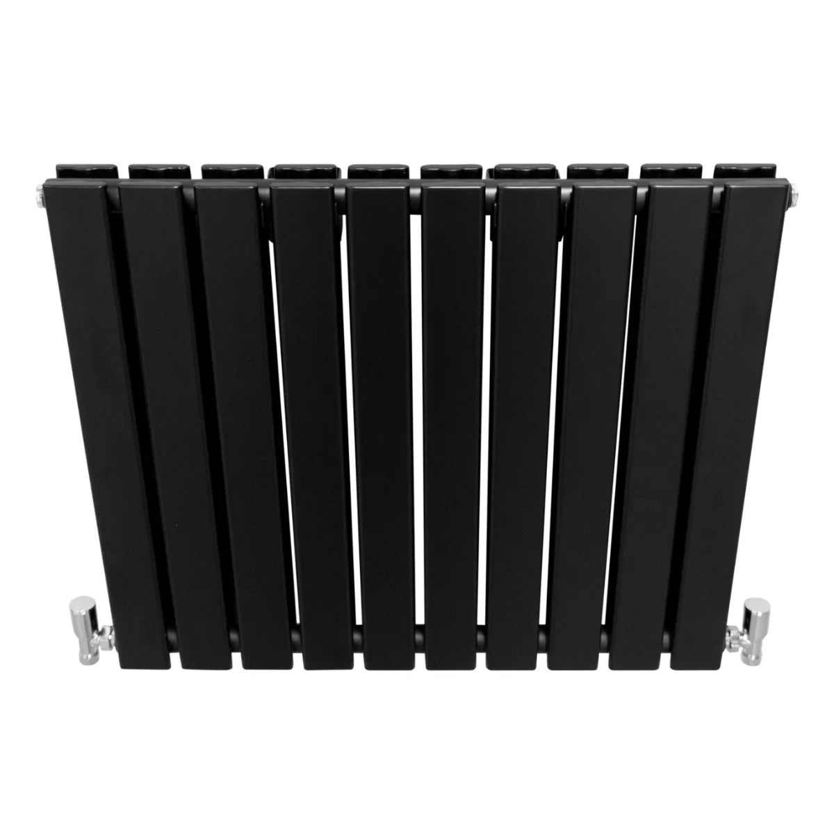Matte black designer flat panel radiator with sleek vertical slats, measuring 600mm x 700mm, featuring modern chrome fittings