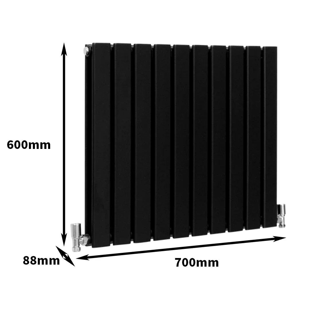 Matte black designer flat panel radiator, 600mm x 700mm, featuring sleek vertical slats and modern aesthetic for stylish heating solutions