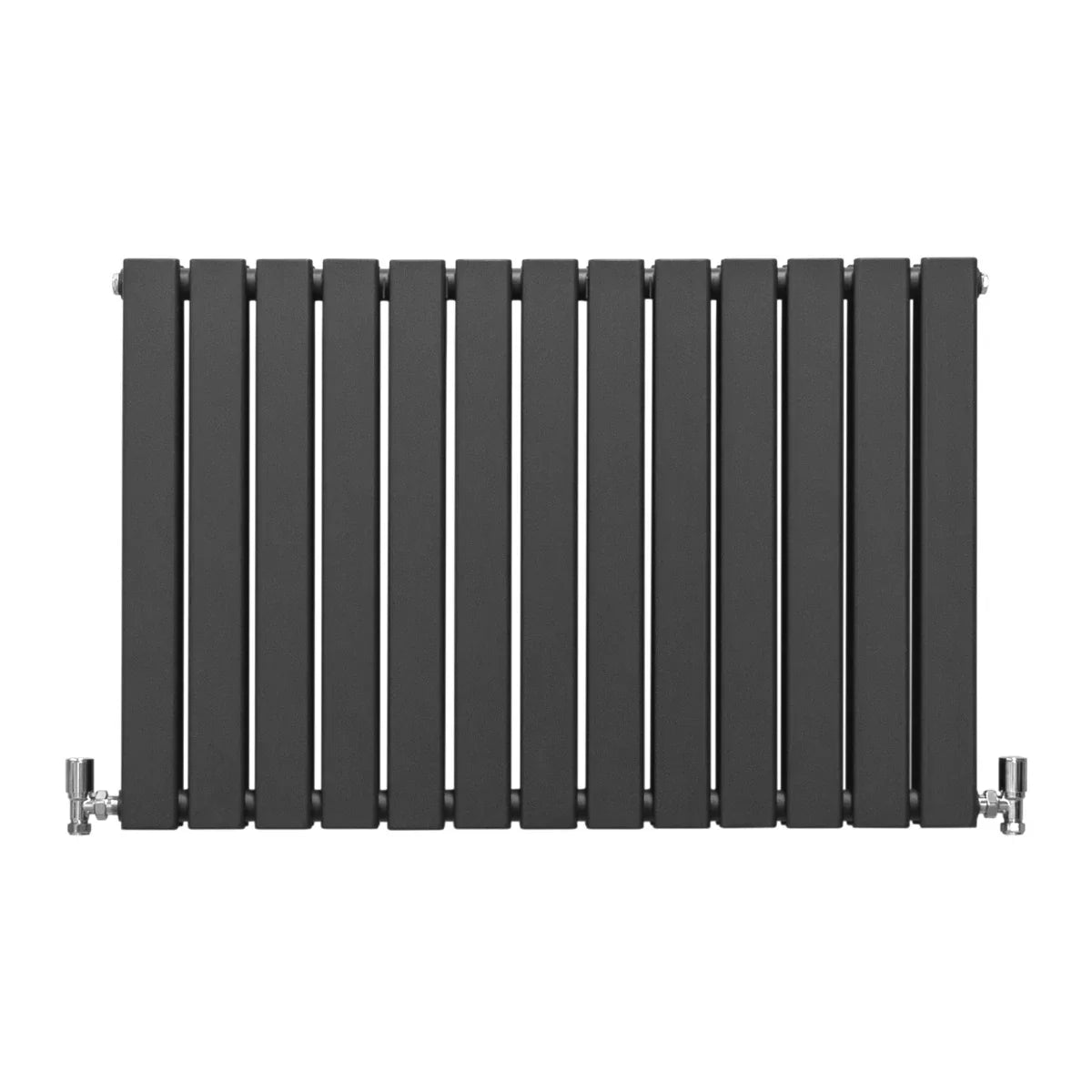 Designer flat panel radiator in anthracite grey, 600mm x 910mm, featuring a sleek, modern design with vertical slats and chrome valves