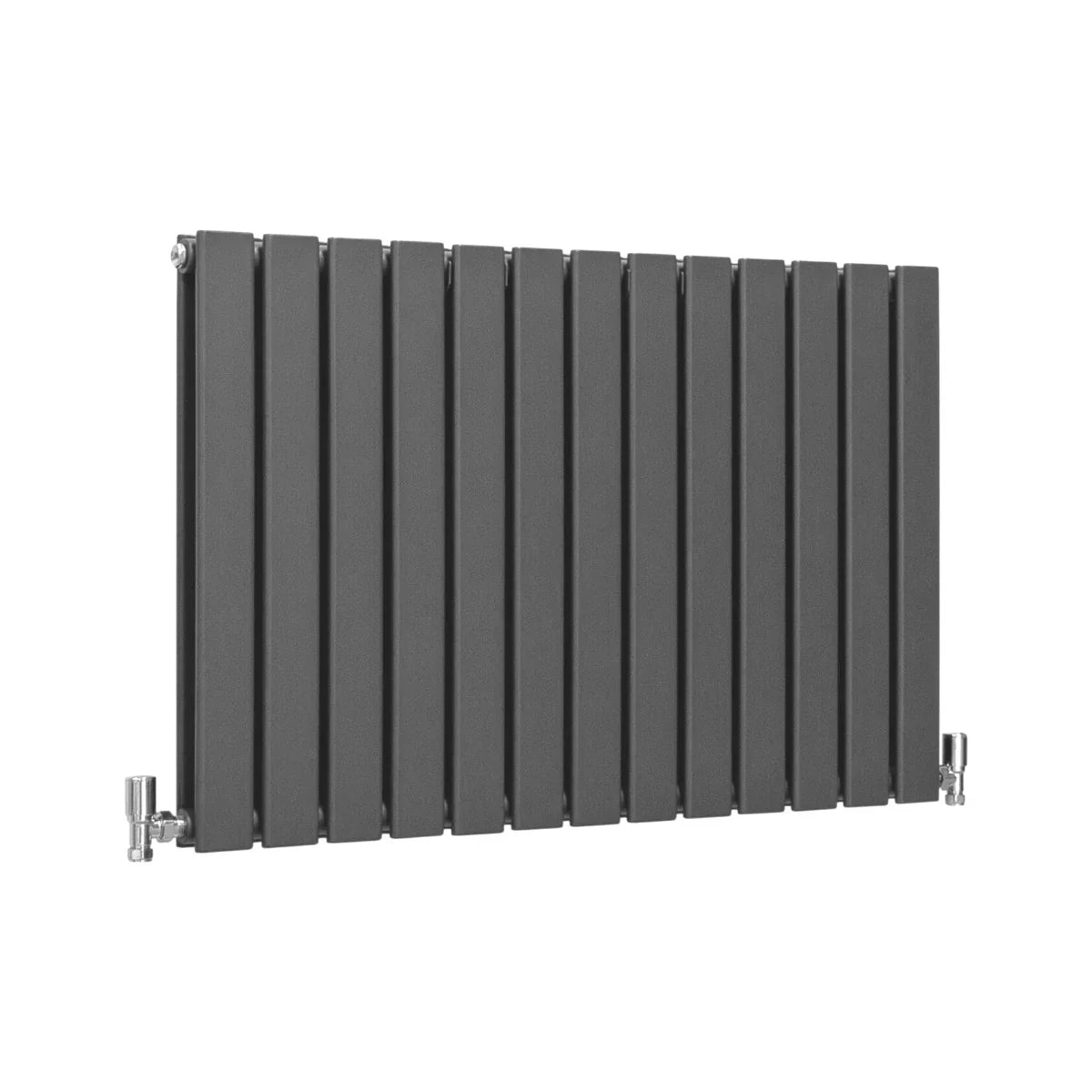 Anthracite grey designer flat panel radiator with a sleek, modern design, featuring vertical slats and polished chrome valves
