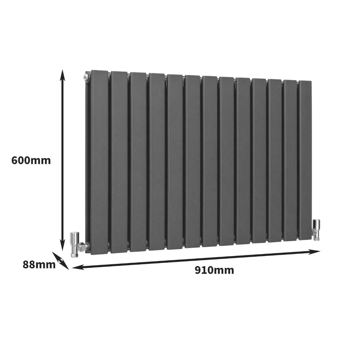 Designer flat panel radiator in anthracite grey, measuring 600mm high by 910mm wide, featuring sleek vertical lines and a modern design
