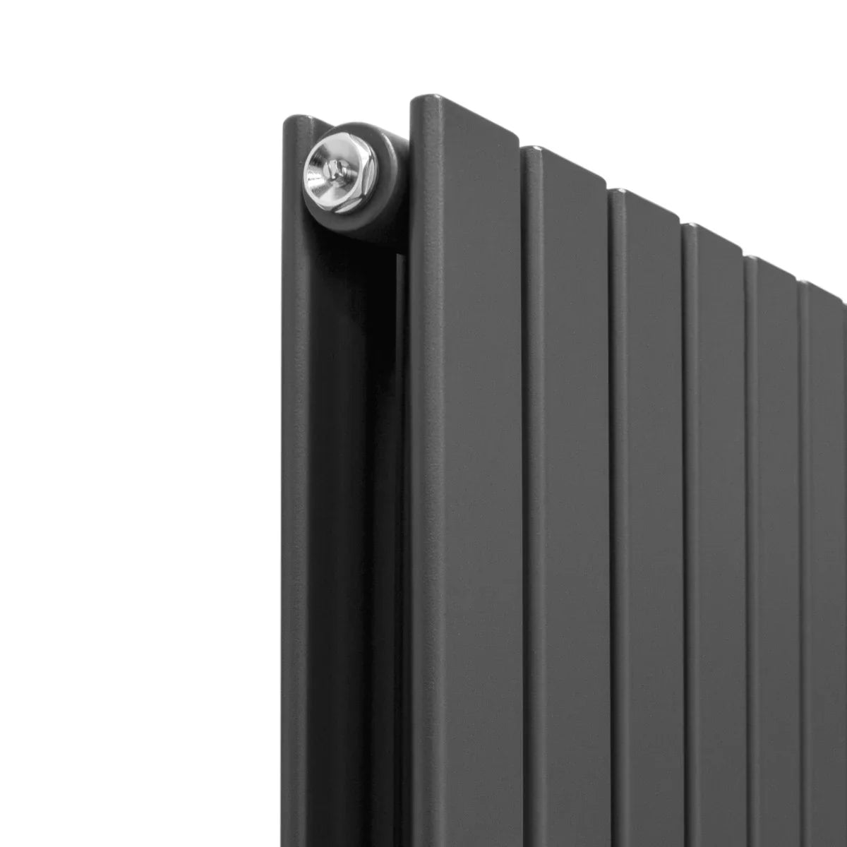 Anthracite grey designer flat panel radiator with sleek vertical fins, showcasing a modern finish and durable metal construction