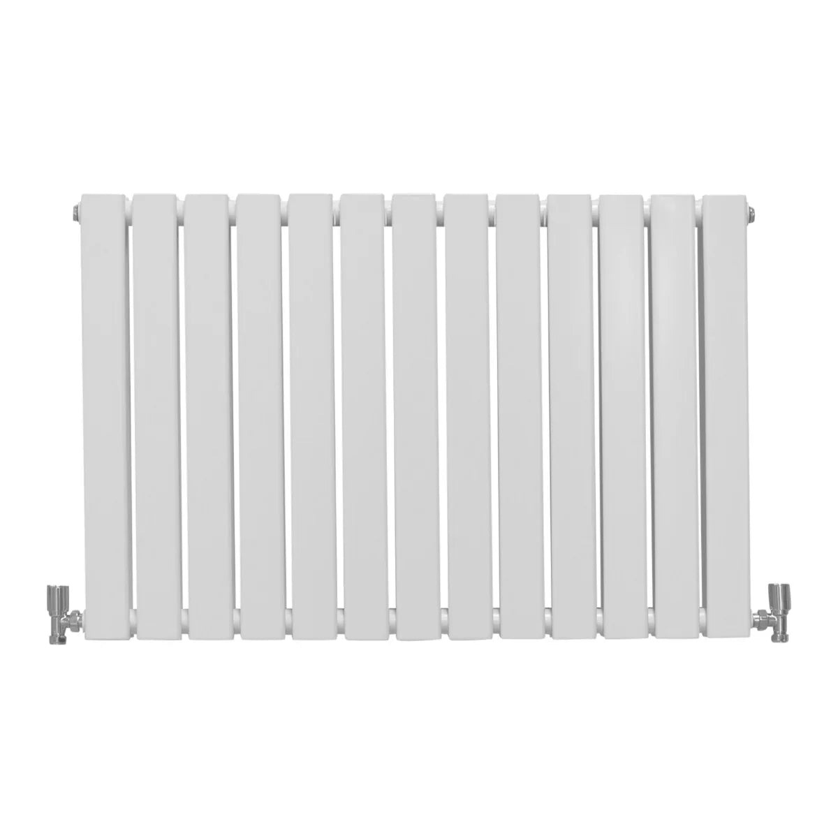 Gloss white designer flat panel radiator, 600mm x 910mm, featuring a sleek, modern design with vertical fins and chrome valves