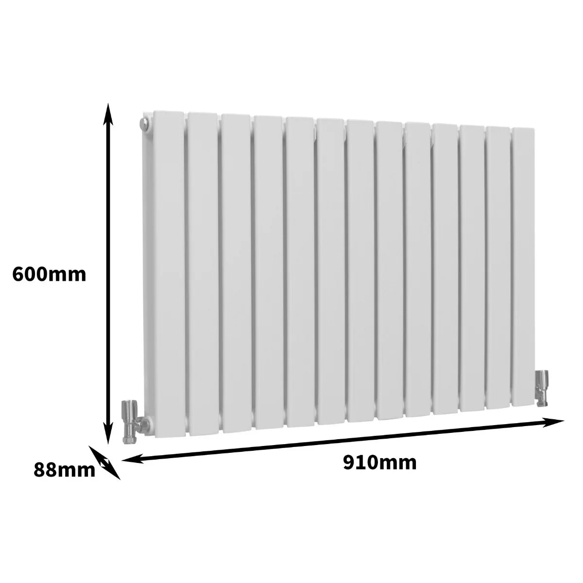 Gloss white designer flat panel radiator, measuring 600mm x 910mm, featuring sleek vertical lines and modern design elements