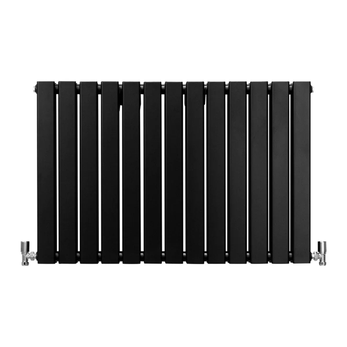 Matt black designer flat panel radiator, 600mm x 910mm, featuring sleek vertical slats and modern fittings for stylish heating solutions