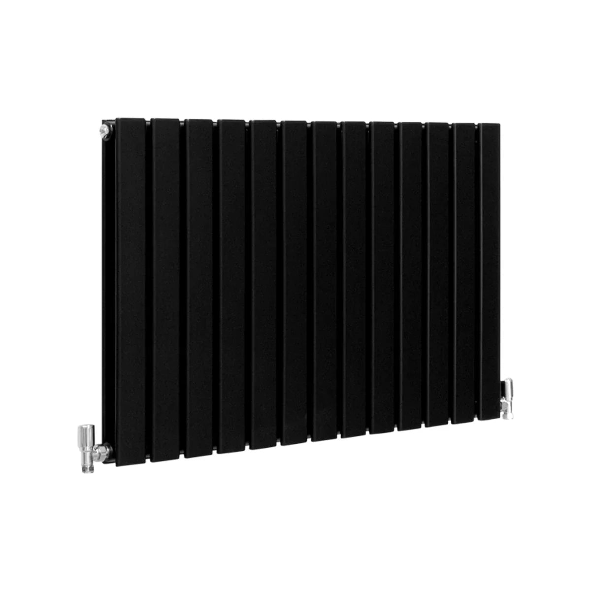 Sleek matt black designer flat panel radiator, 600mm x 910mm, featuring vertical slats and polished chrome valves for modern decor