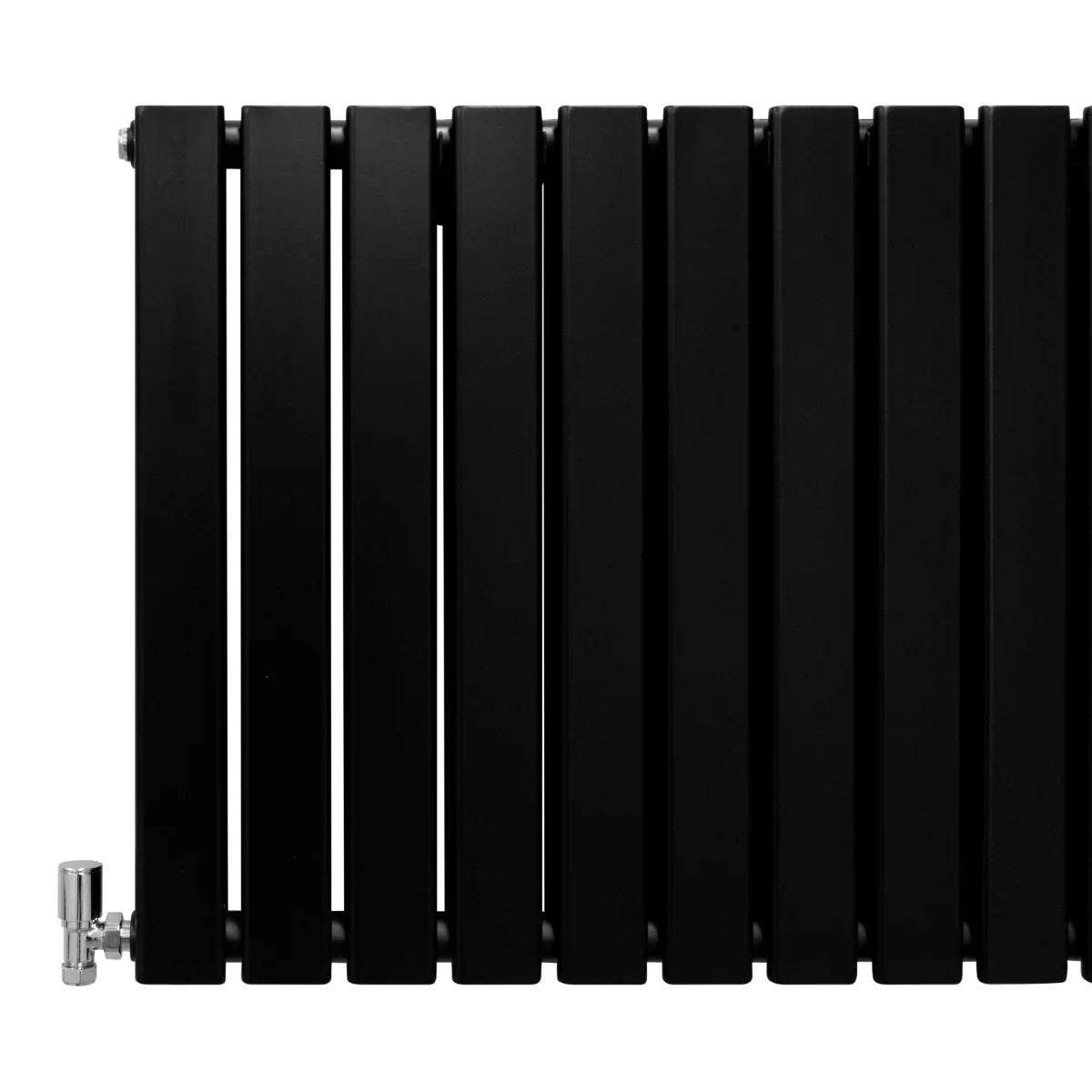 Matt black designer flat panel radiator, 600mm x 910mm, featuring sleek vertical slats and a modern, minimalist design