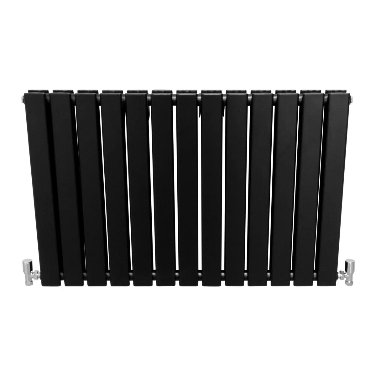 Sleek matt black flat panel radiator, 600mm x 910mm, featuring a modern design with vertical slats and polished chrome valves