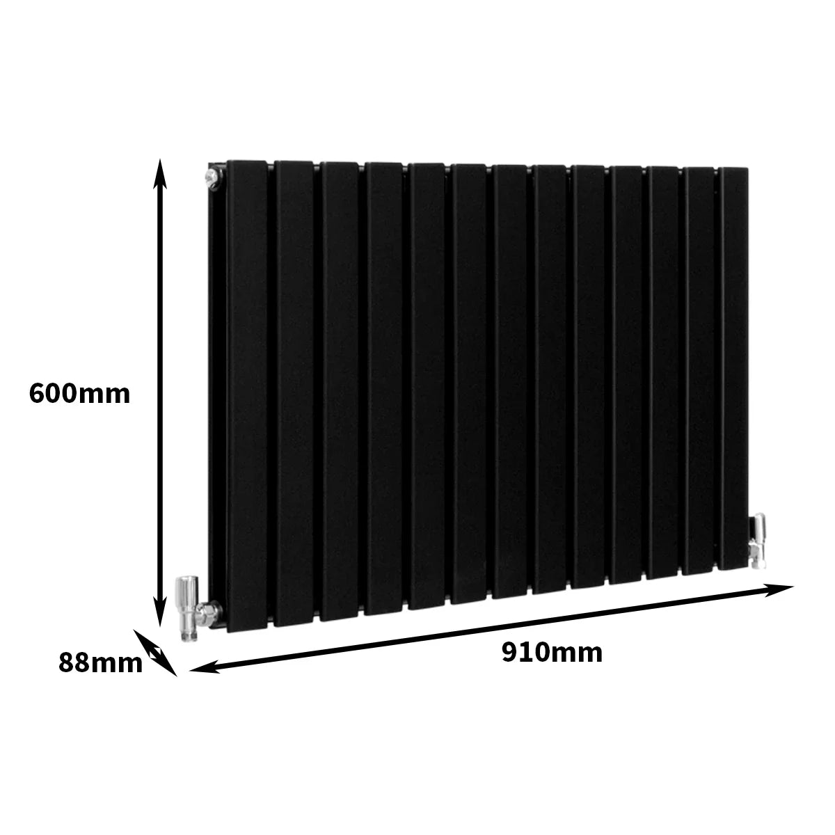 Matt black designer flat panel radiator, 600mm high and 910mm wide, featuring sleek vertical lines and modern aesthetic design