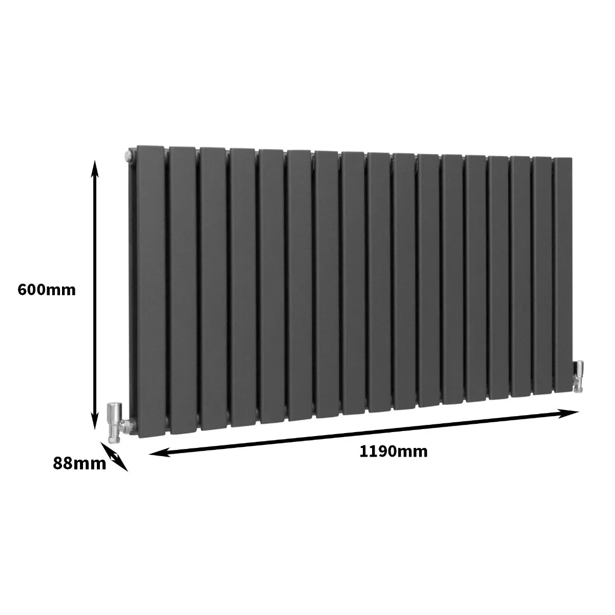 Designer flat panel radiator in anthracite grey, measuring 600mm x 1190mm, featuring a sleek, modern design with vertical slats