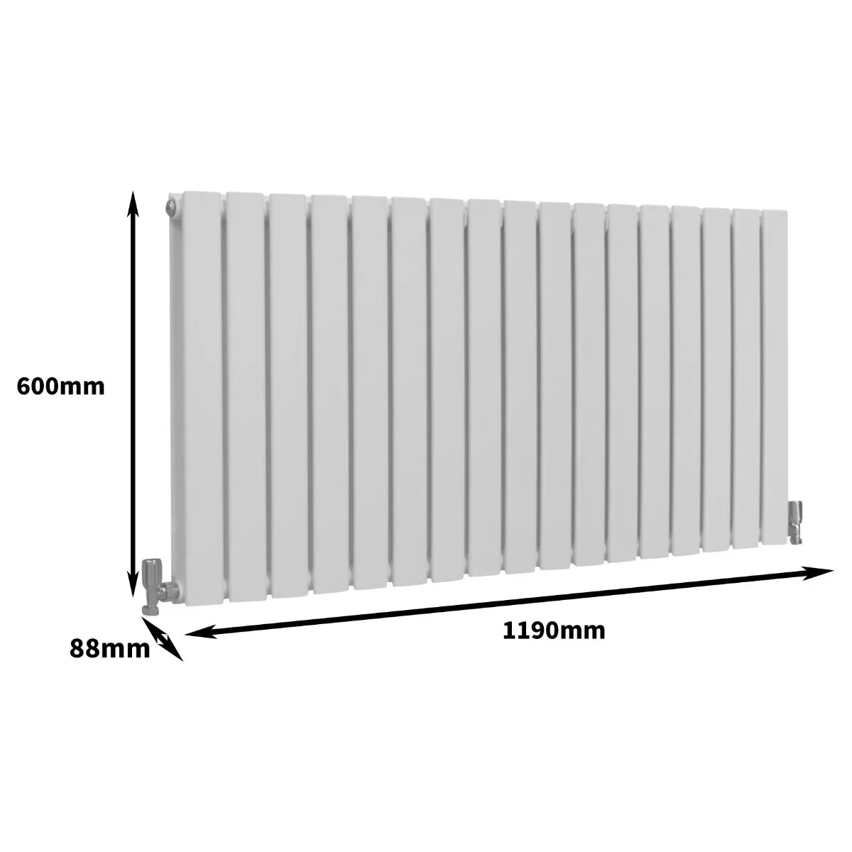 Gloss white designer flat panel radiator, measuring 600mm high and 1190mm wide, featuring sleek, modern lines and a smooth finish