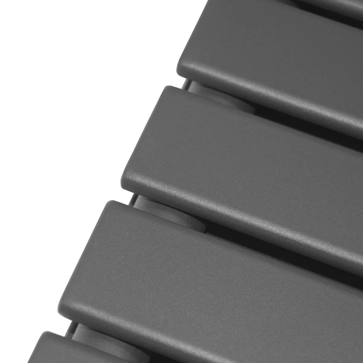 Designer flat panel radiator in anthracite grey, featuring a sleek, modern design with smooth, rectangular fins and a matte finish