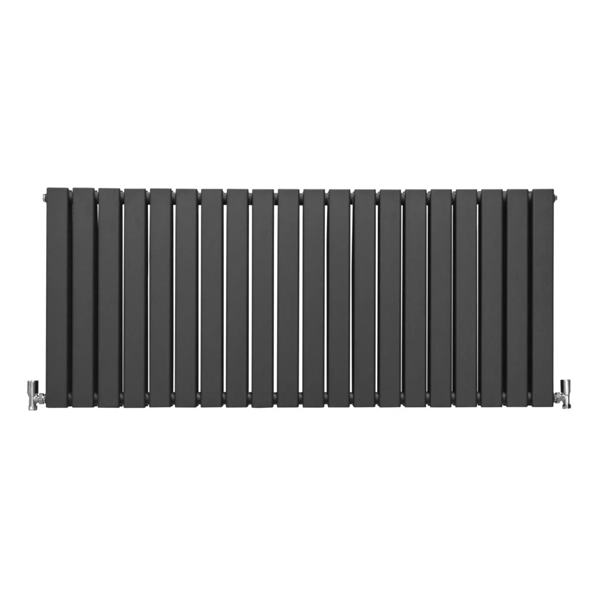 Designer flat panel radiator in anthracite grey, 600mm x 1400mm, featuring a sleek, modern design with vertical slats and chrome valves