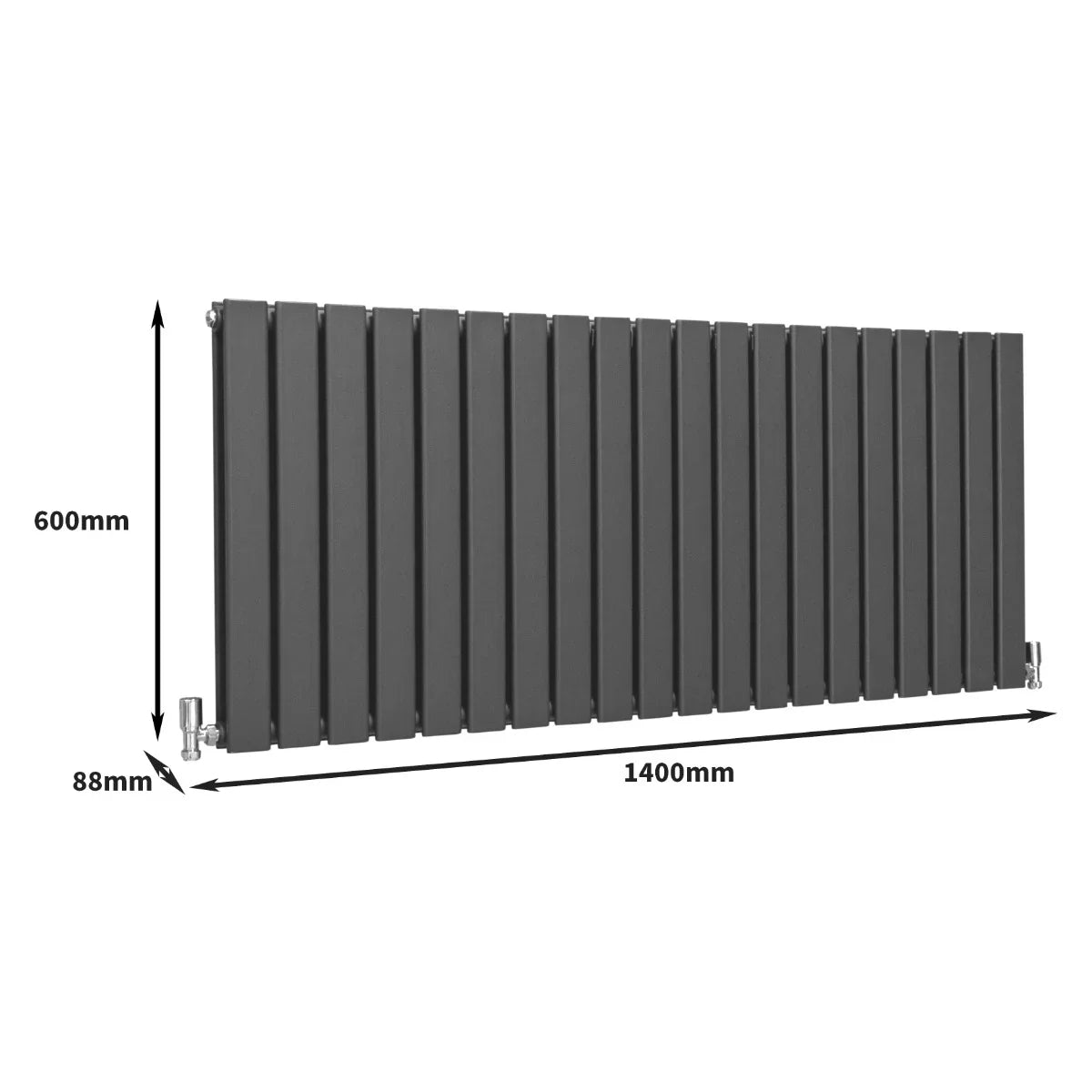 Designer flat panel radiator in anthracite grey, measuring 600mm x 1400mm, featuring a sleek, modern design with vertical fins and a smooth finish