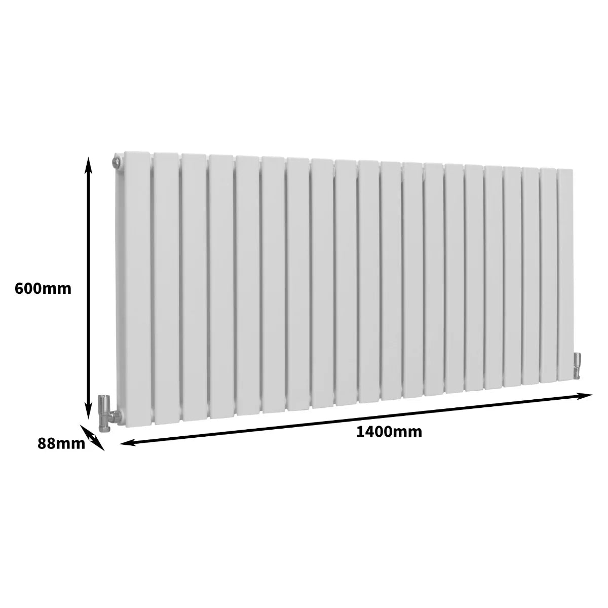 Gloss white designer flat panel radiator, 600mm high and 1400mm wide, featuring sleek vertical lines and a modern finish