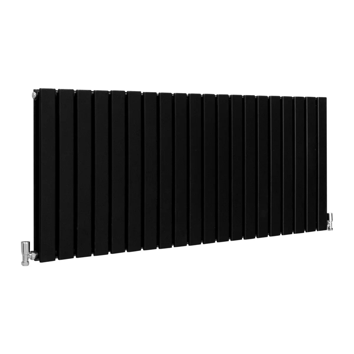 Sleek matt black designer flat panel radiator, 600mm x 1400mm, featuring vertical slats and modern chrome valves for a contemporary look
