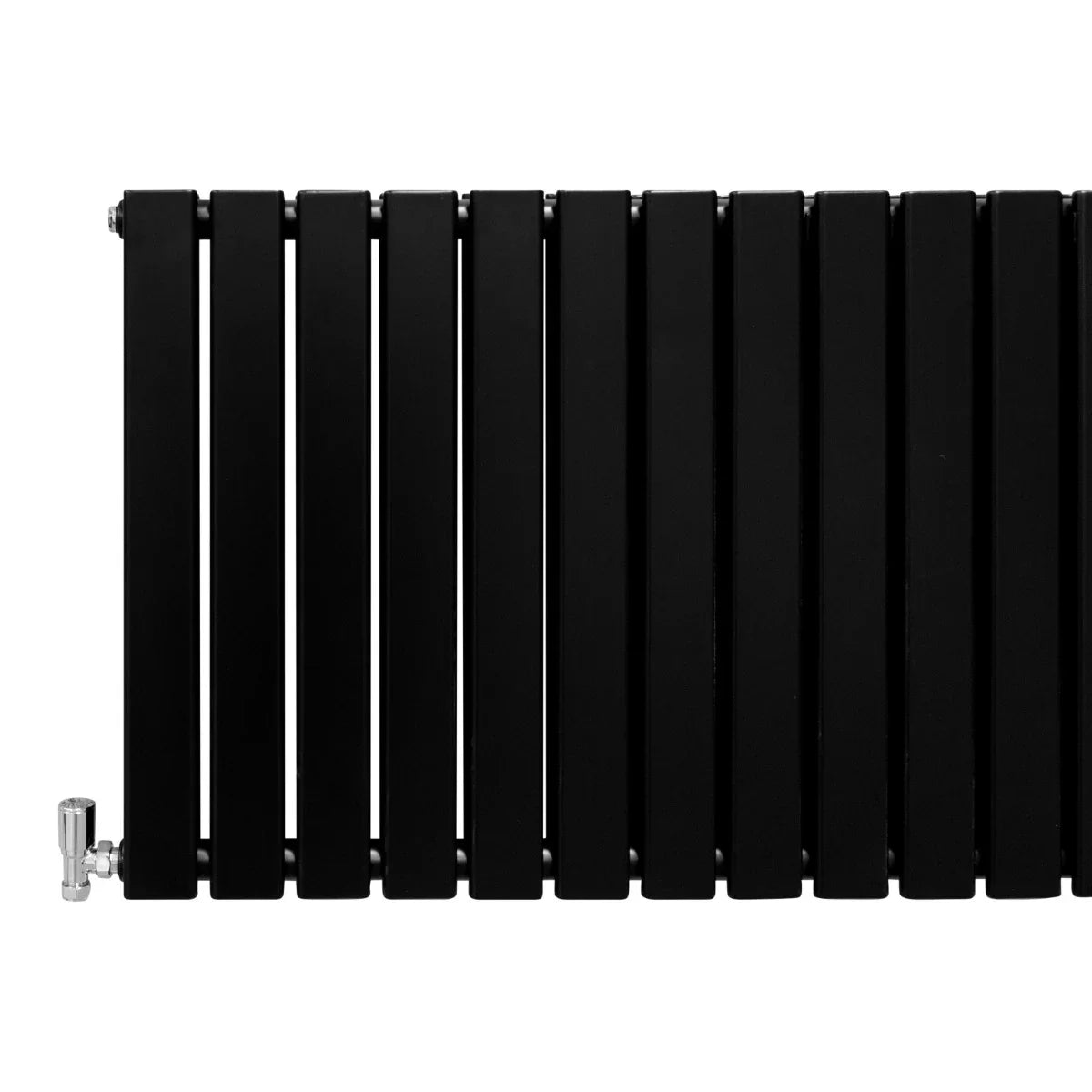 Sleek matt black designer flat panel radiator, 600mm x 1400mm, featuring a modern, minimalist design with vertical slats and a polished valve