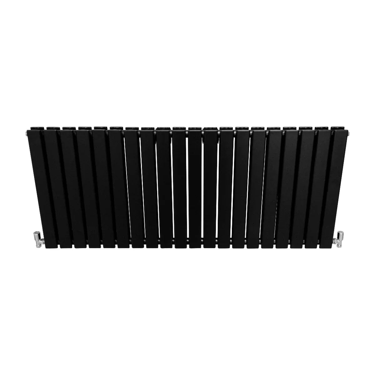 Sleek matt black designer flat panel radiator, 600mm x 1400mm, featuring a modern slatted design and polished chrome valves