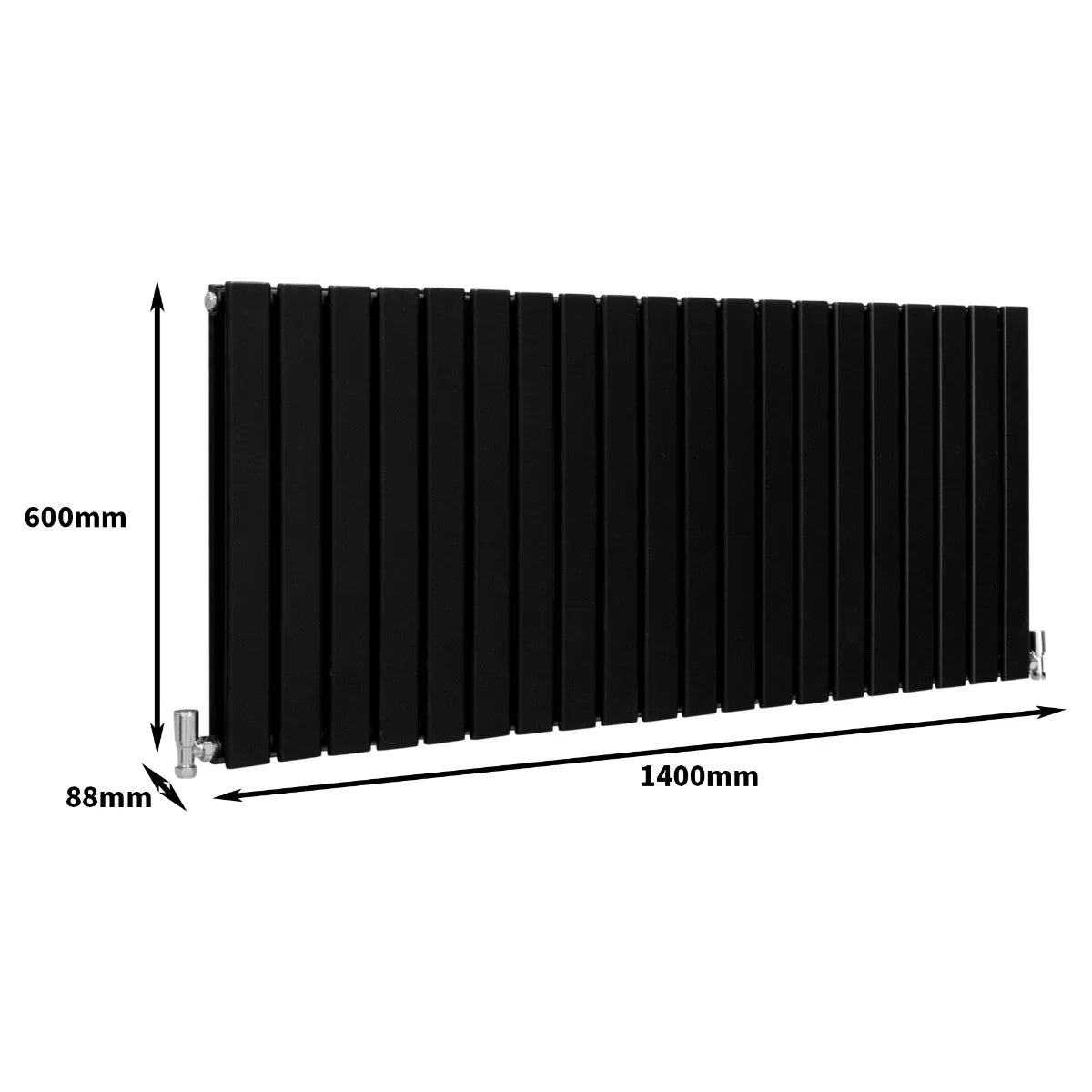Sleek matt black designer flat panel radiator, 600mm high and 1400mm wide, featuring vertical slats for modern heating solutions