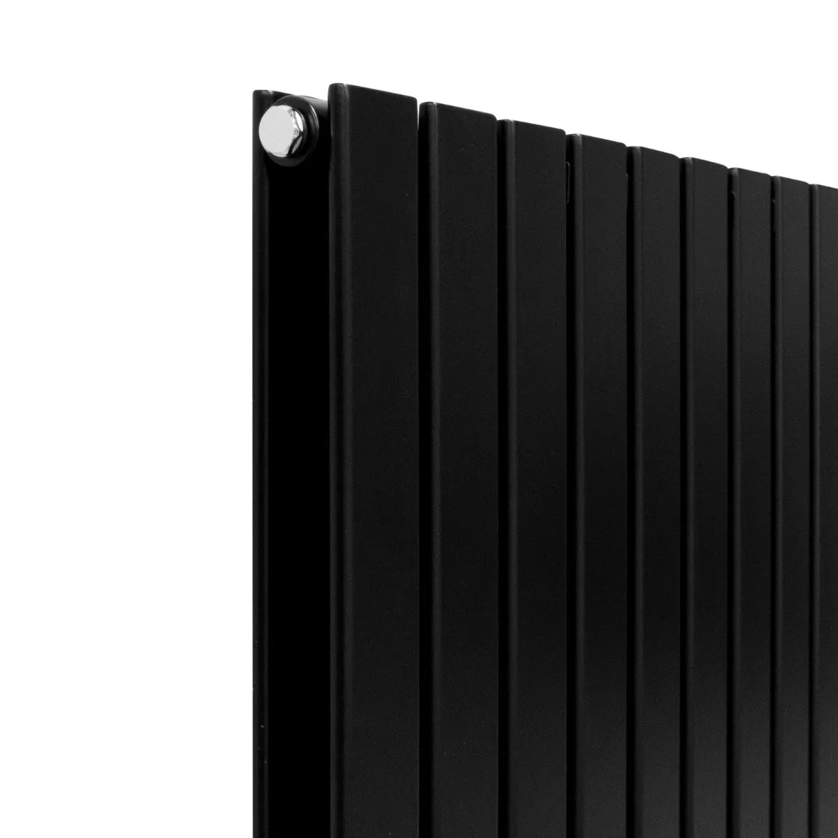 Sleek matt black designer flat panel radiator, 600mm x 1400mm, featuring vertical slats and a modern minimalist design