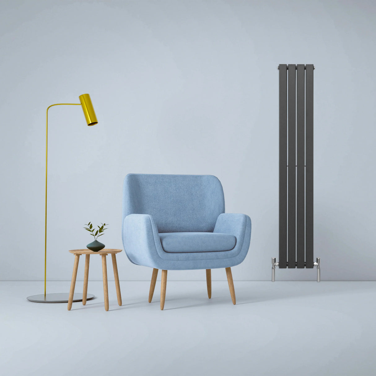 Designer flat panel radiator in anthracite grey, 1600mm x 280mm, sleek vertical design, complements modern decor with a minimalist aesthetic