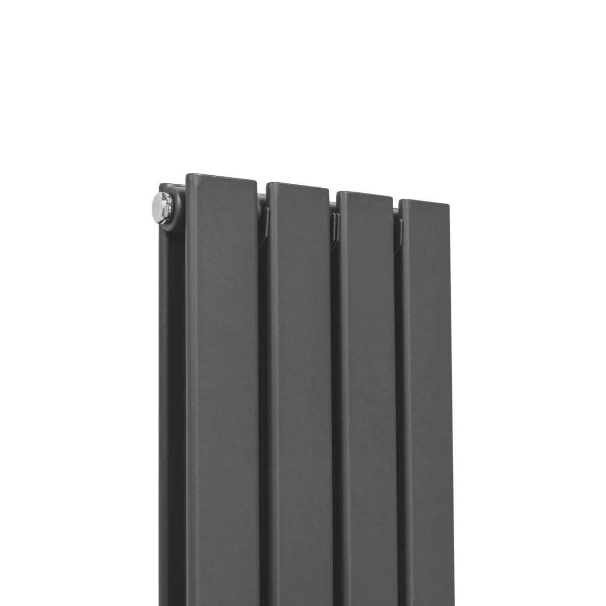 Designer flat panel radiator in anthracite grey, sleek vertical design with four slim sections, perfect for modern interiors