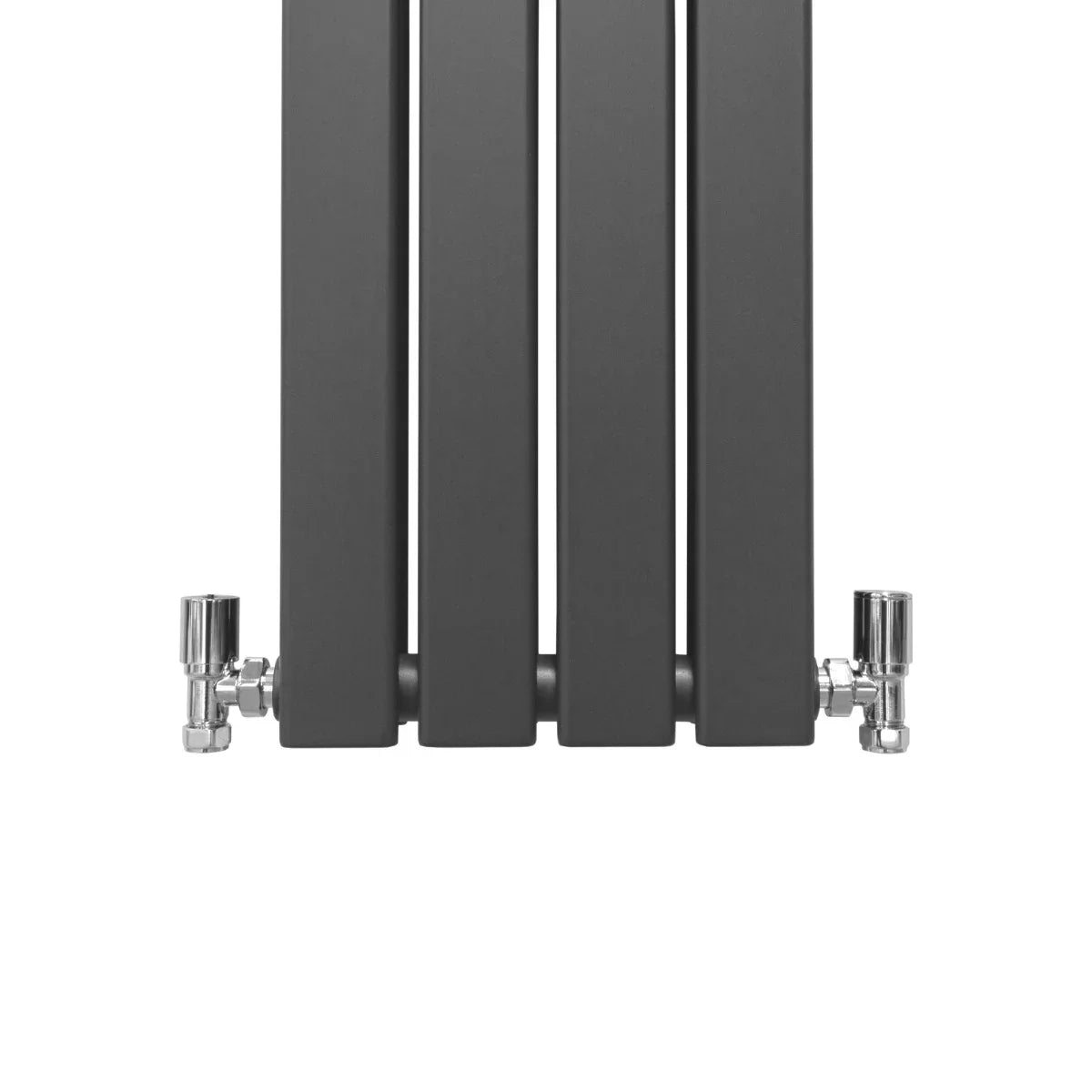 Designer flat panel radiator in anthracite grey, 1600mm x 280mm, featuring a sleek, modern design with smooth, matte finish and chrome valves