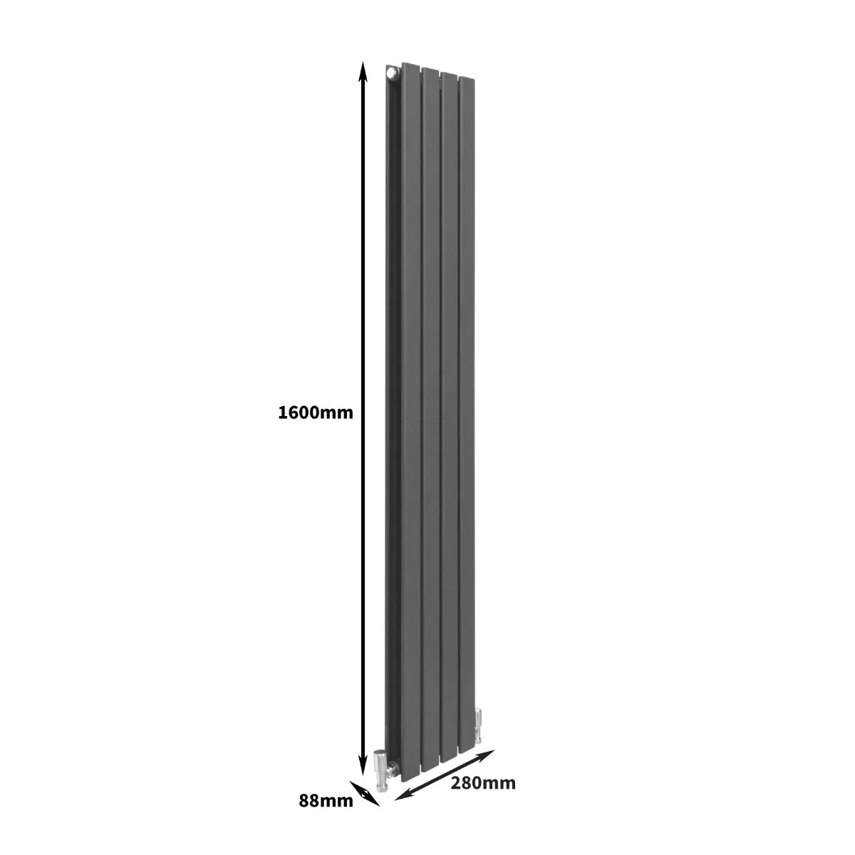 Designer flat panel radiator in anthracite grey, sleek vertical design, dimensions 1600mm x 280mm, modern and stylish heating solution