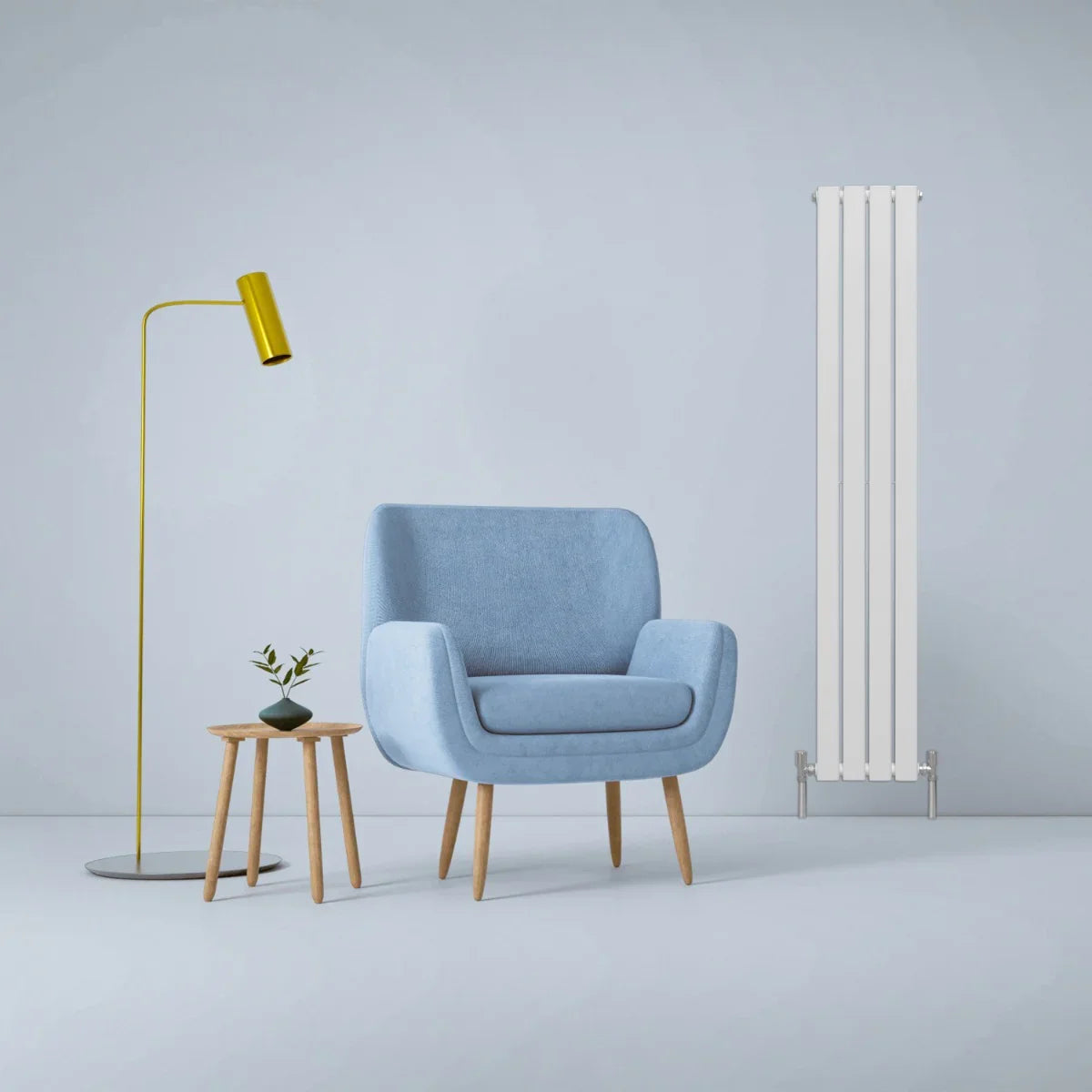 Gloss white designer flat panel radiator, 1600mm x 280mm, sleek vertical design, complements modern interior with blue chair and yellow lamp