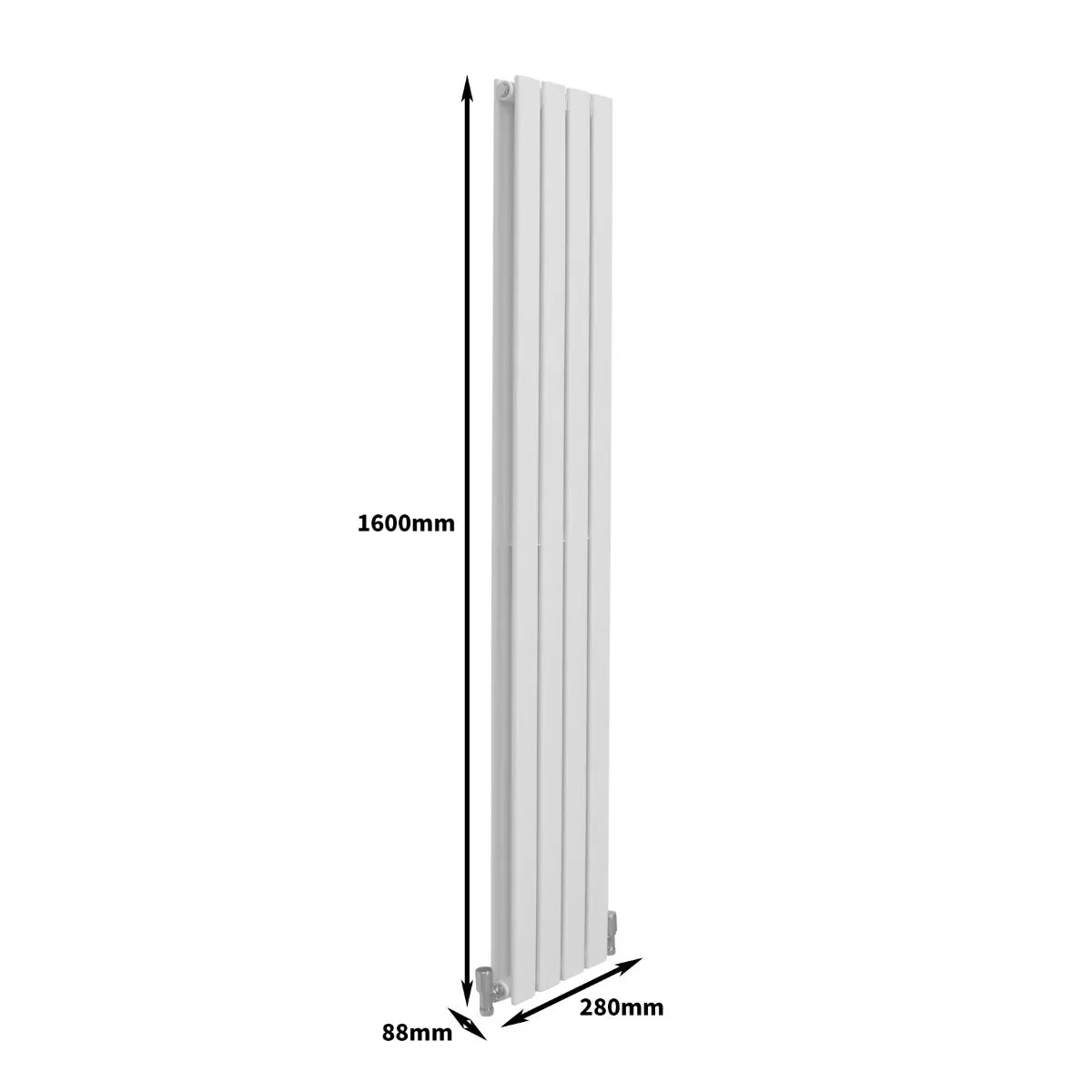 Gloss white designer flat panel radiator, sleek vertical design, dimensions 1600mm x 280mm, modern and stylish heating solution
