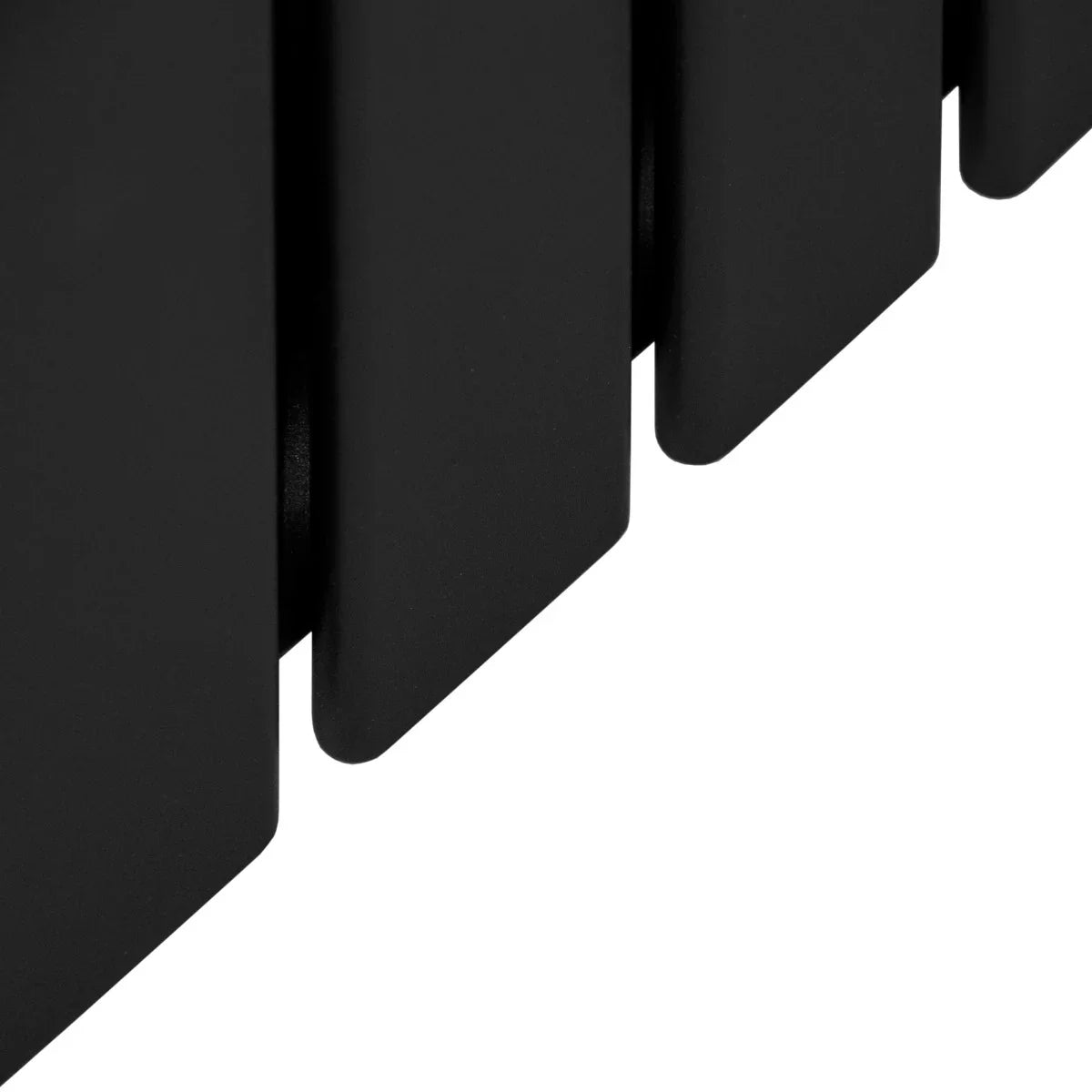 Sleek matt black designer flat panel radiator, measuring 1600mm x 280mm, showcasing a modern, minimalist design with smooth texture