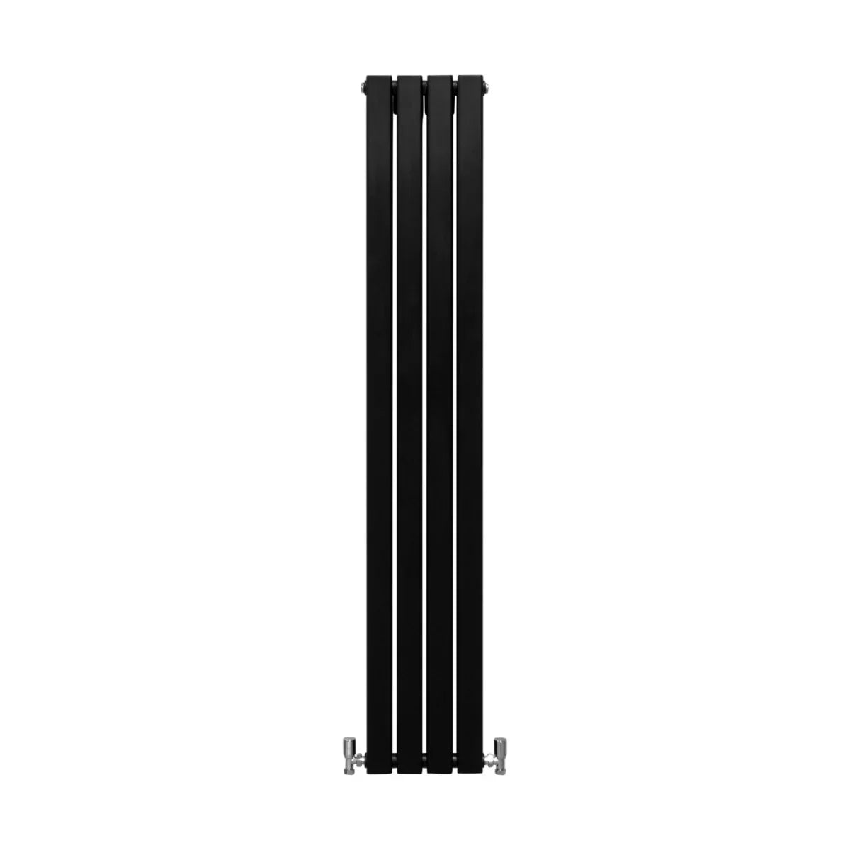 Sleek matt black designer flat panel radiator, 1600mm x 280mm, featuring a modern vertical design with smooth, clean lines