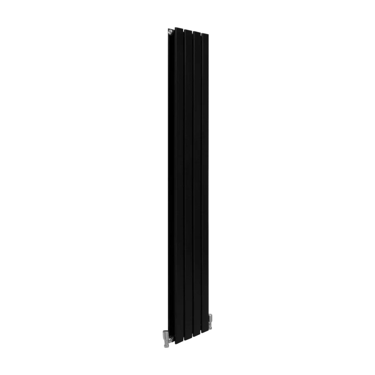 Sleek matt black designer flat panel radiator, 1600mm x 280mm, featuring a modern vertical design and smooth texture for contemporary spaces