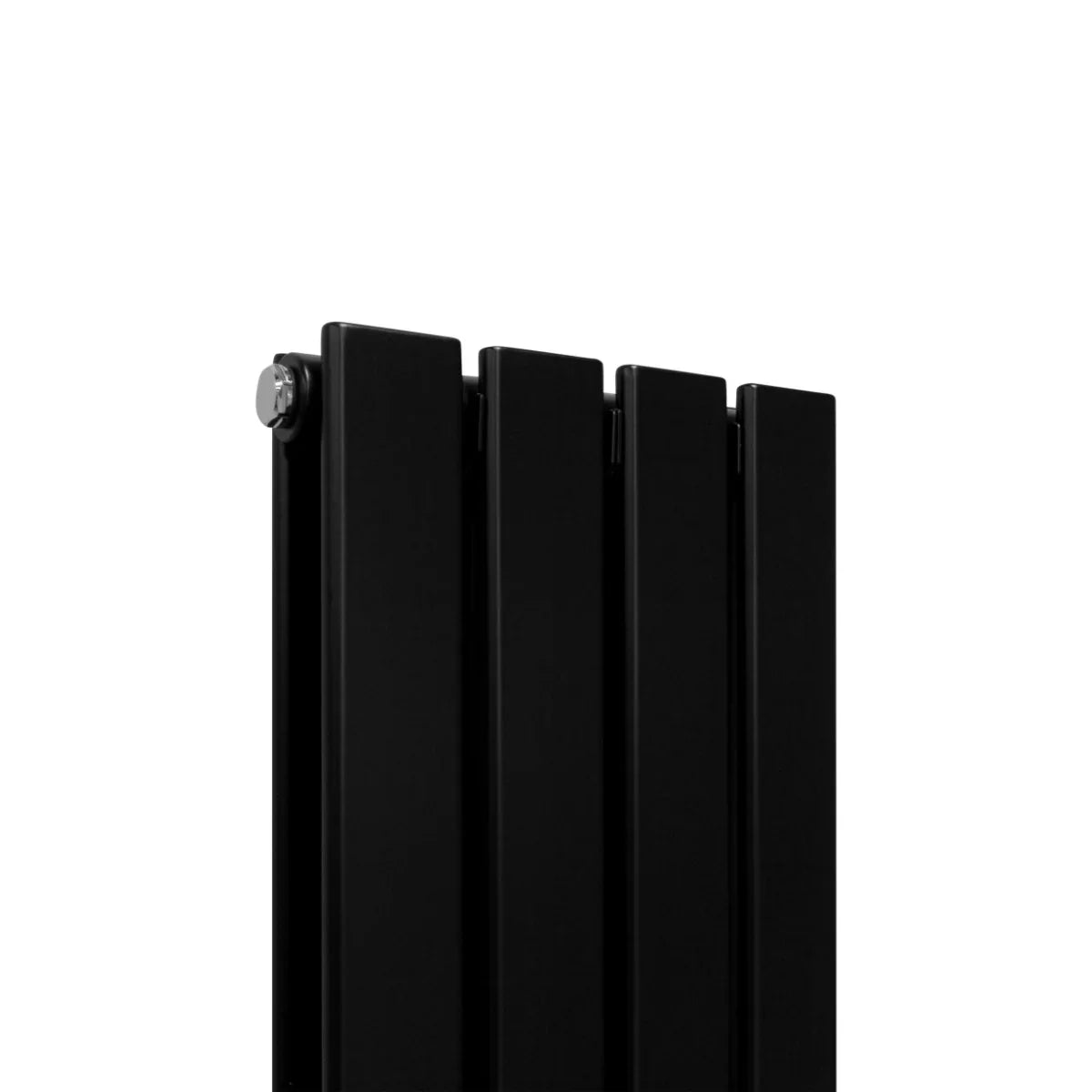 Sleek matt black designer flat panel radiator with a modern, minimalist design, measuring 1600mm x 280mm, showcasing vertical lines