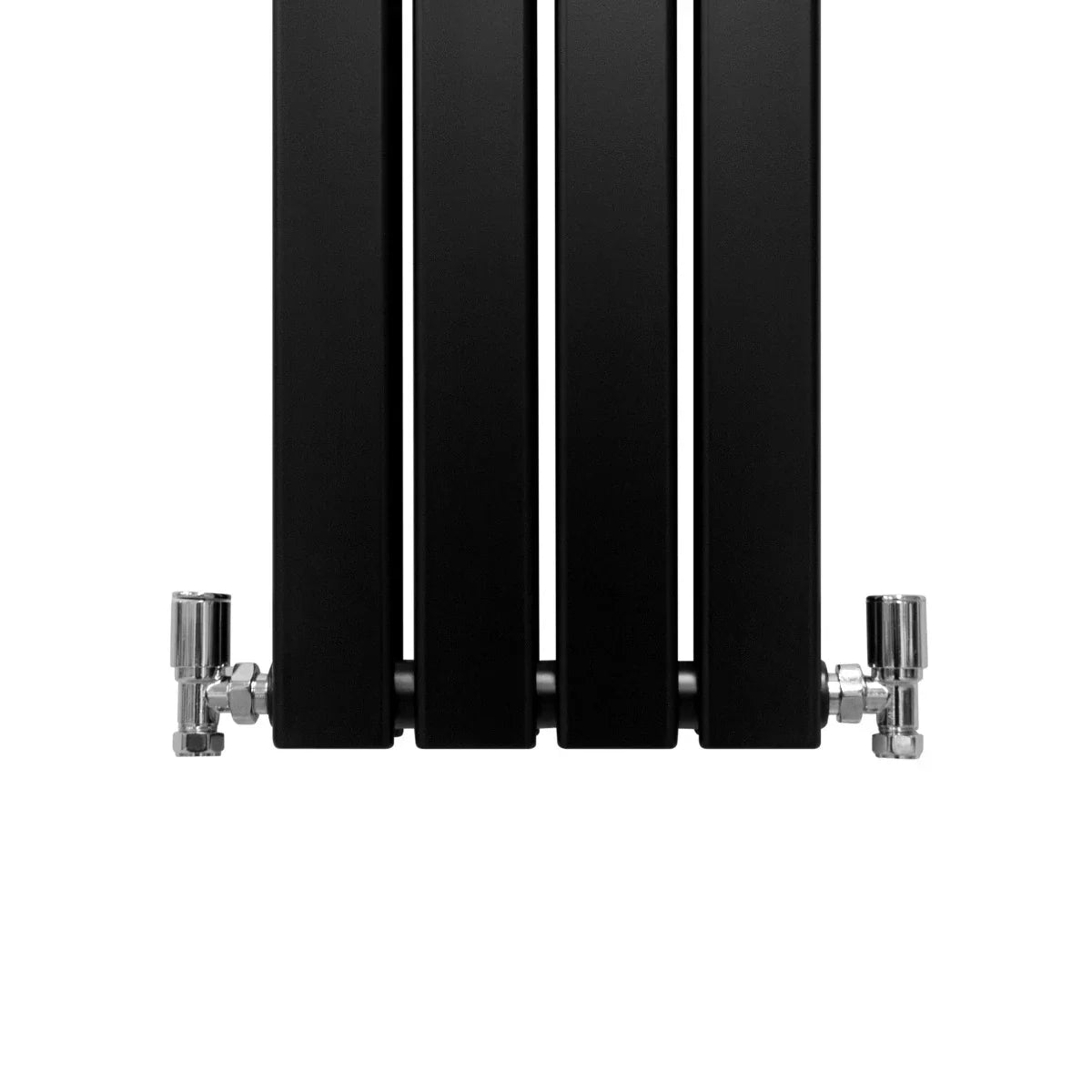 Matt black designer flat panel radiator with sleek vertical lines and polished chrome valves, measuring 1600mm x 280mm