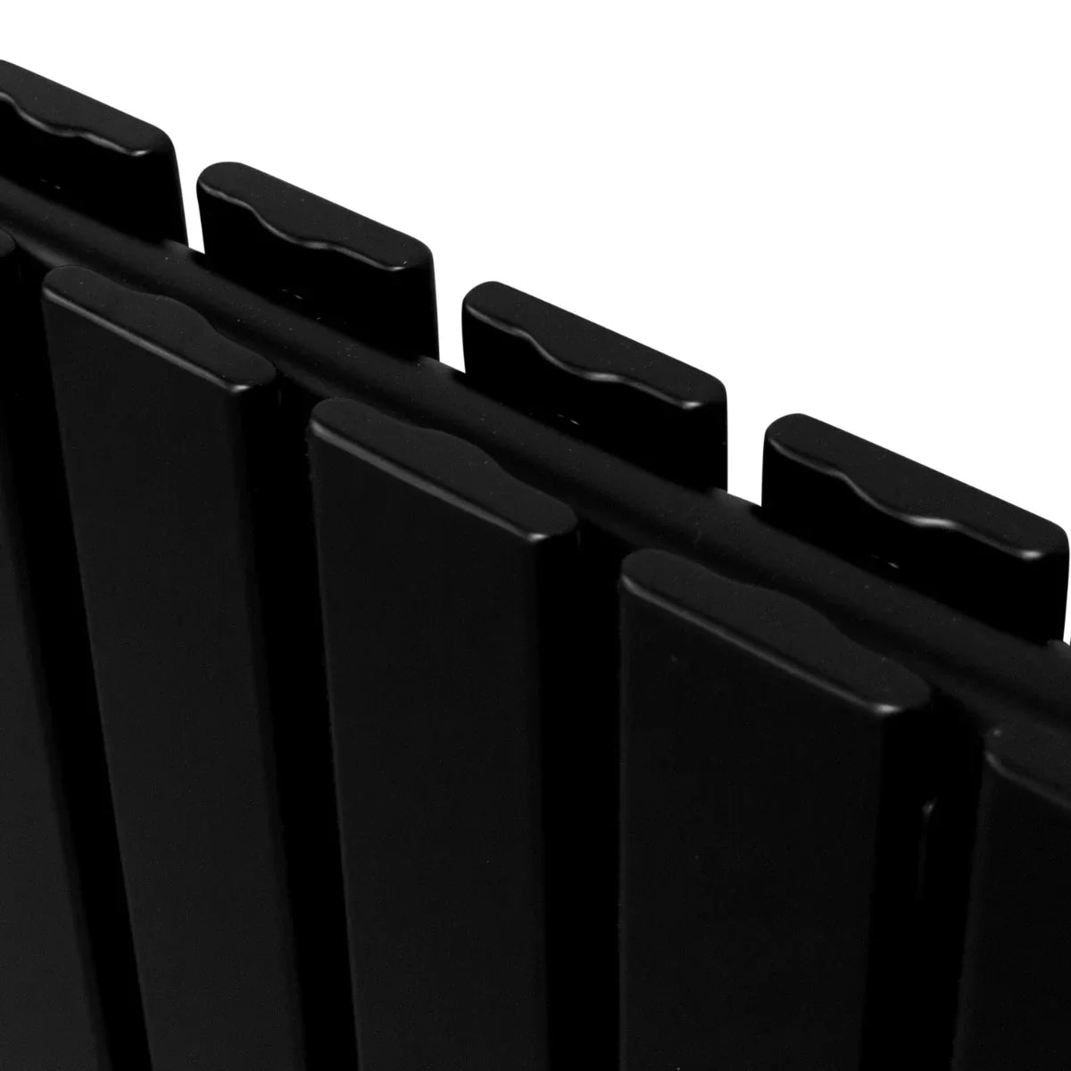 Sleek matt black designer flat panel radiator with a modern, slim profile, measuring 1600mm x 280mm, showcasing smooth texture and clean lines