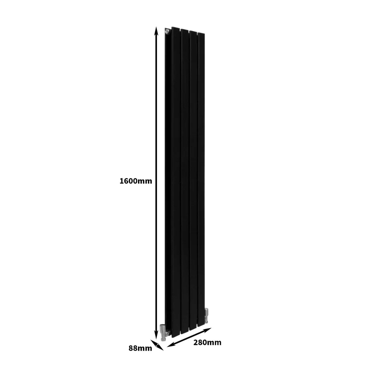 Sleek matt black designer flat panel radiator, 1600mm tall and 280mm wide, featuring a modern vertical design with clean lines