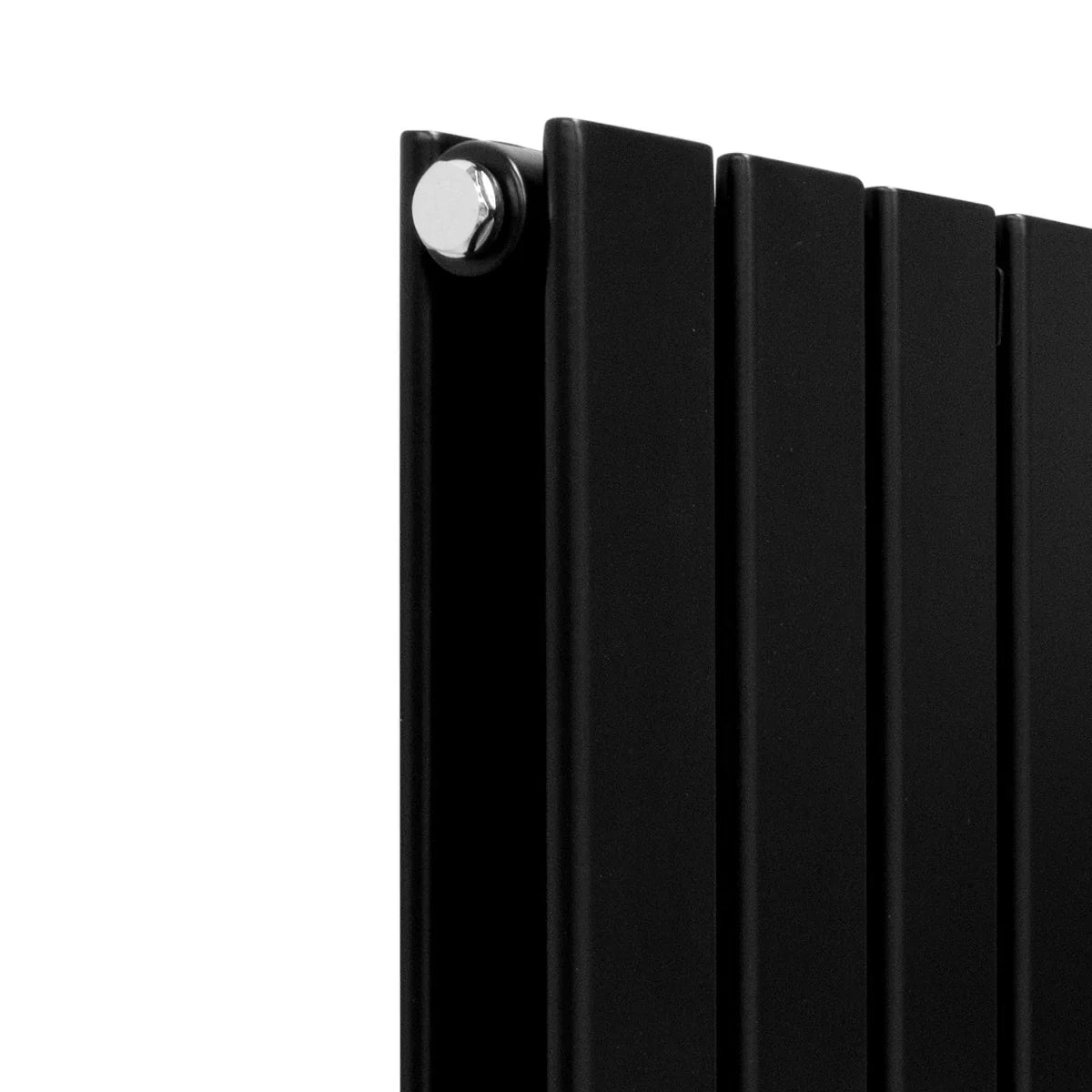 Sleek matt black designer flat panel radiator, 1600mm x 280mm, featuring smooth lines and a modern, minimalist design