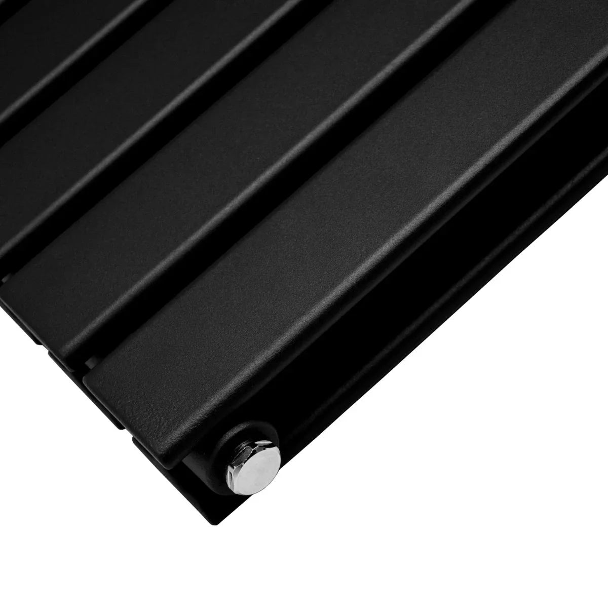 Sleek matt black designer flat panel radiator, 1600mm x 280mm, featuring a modern, minimalist design with smooth, textured surface