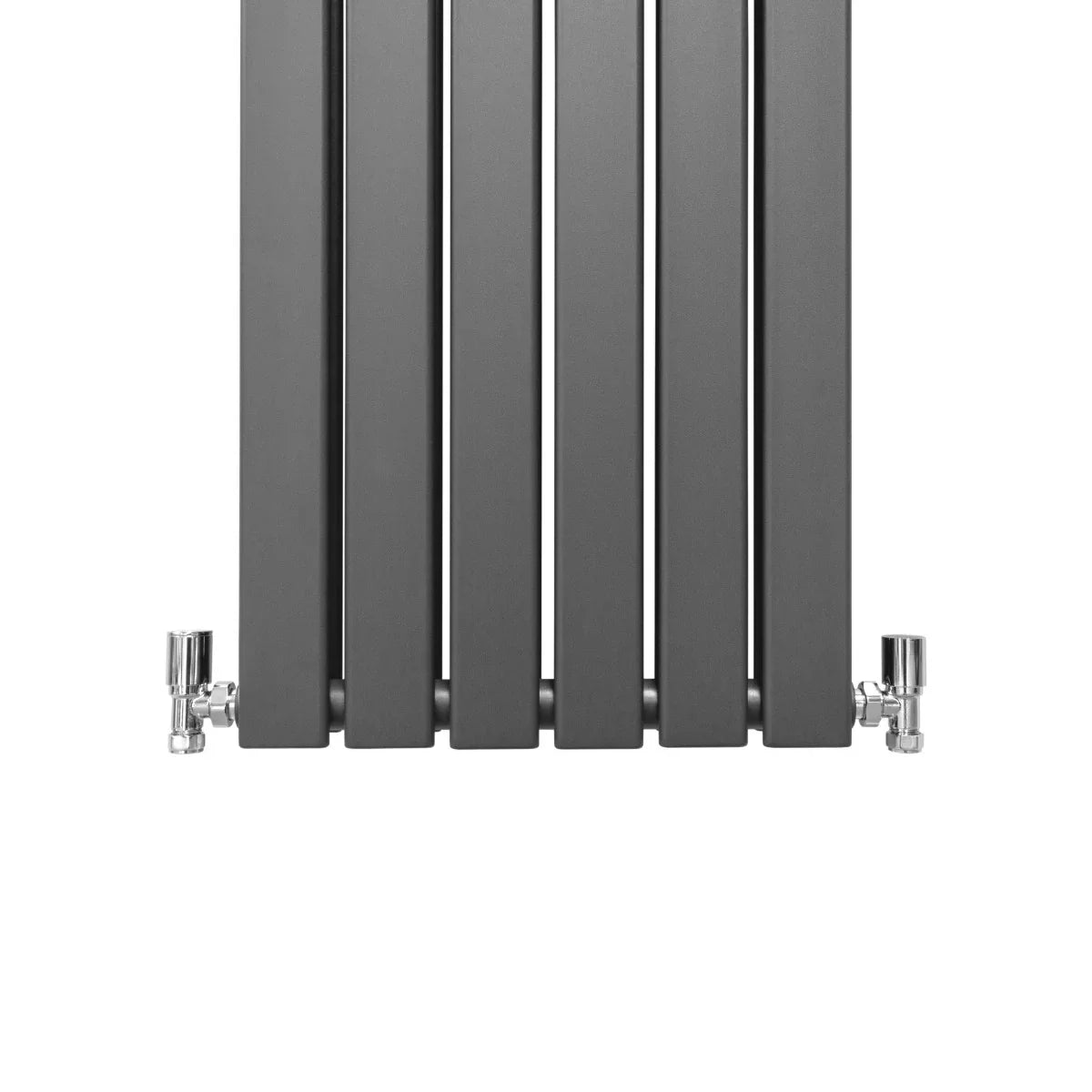 Designer flat panel radiator in anthracite grey, 1600mm x 420mm, featuring a sleek, modern design with vertical fins and chrome valves
