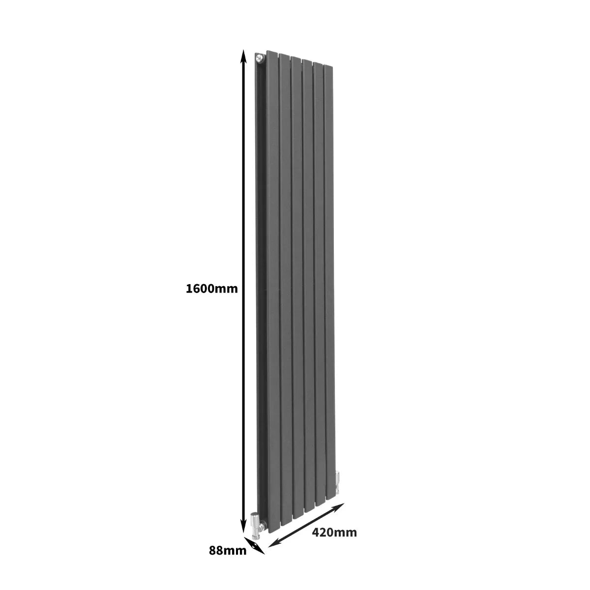 Designer flat panel radiator in anthracite grey, 1600mm tall, 420mm wide, featuring a sleek vertical design with a smooth finish