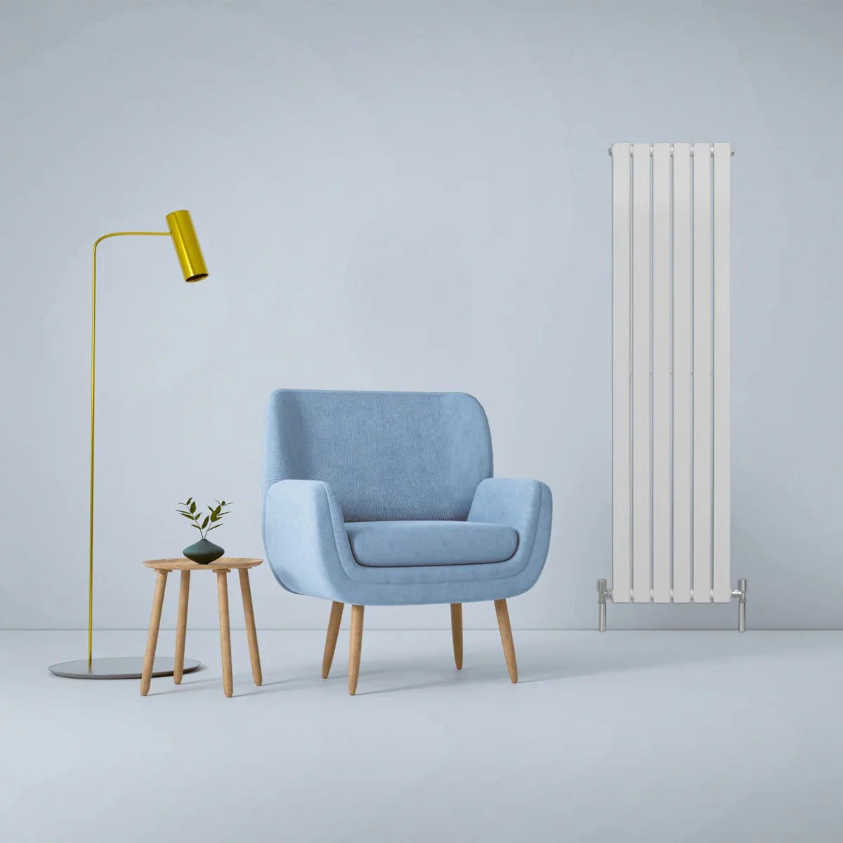Gloss white designer flat panel radiator, 1600mm x 420mm, sleek vertical design, complements modern interior with blue chair and lamp