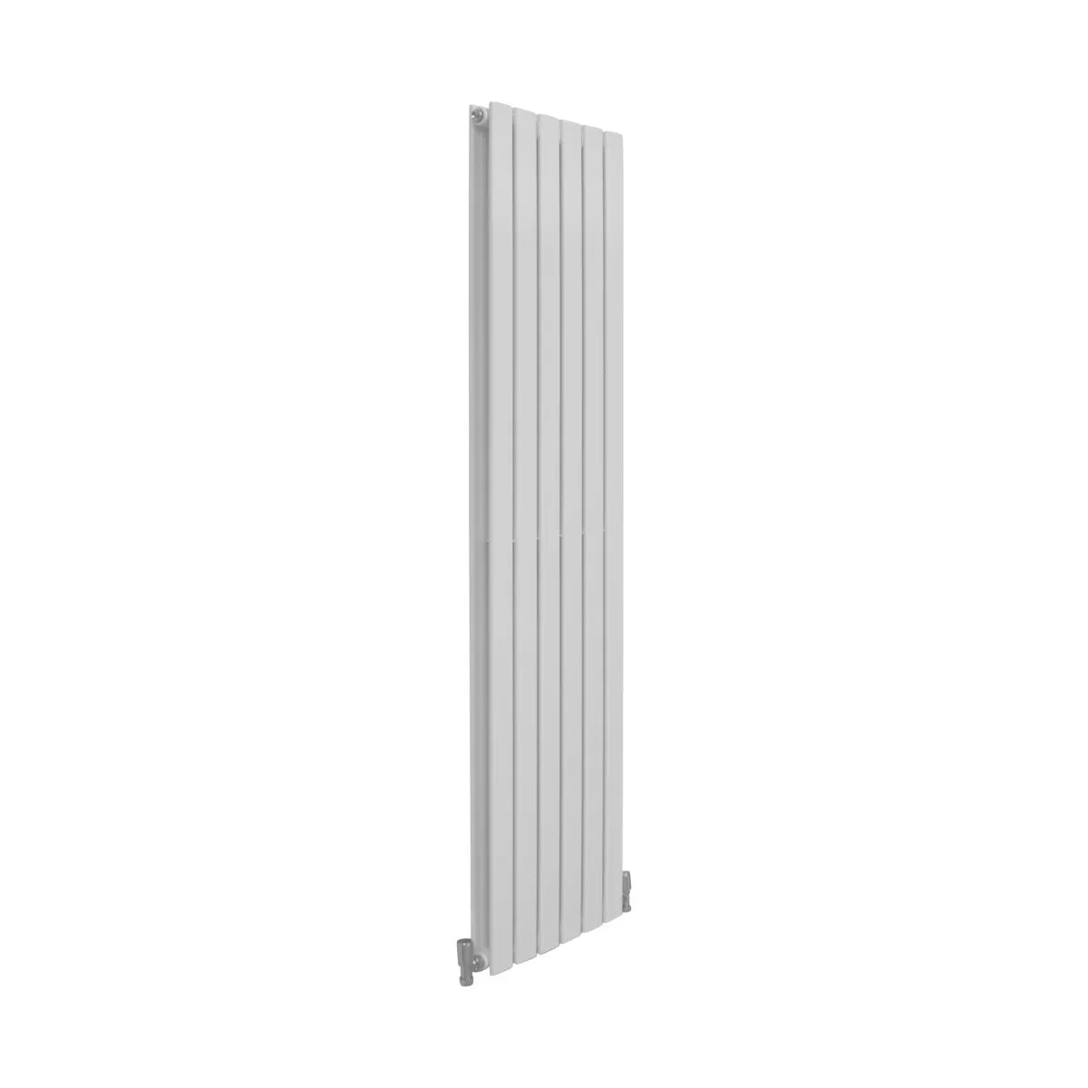 Gloss white designer flat panel radiator, 1600mm x 420mm, featuring a sleek, modern design with vertical lines and a smooth finish