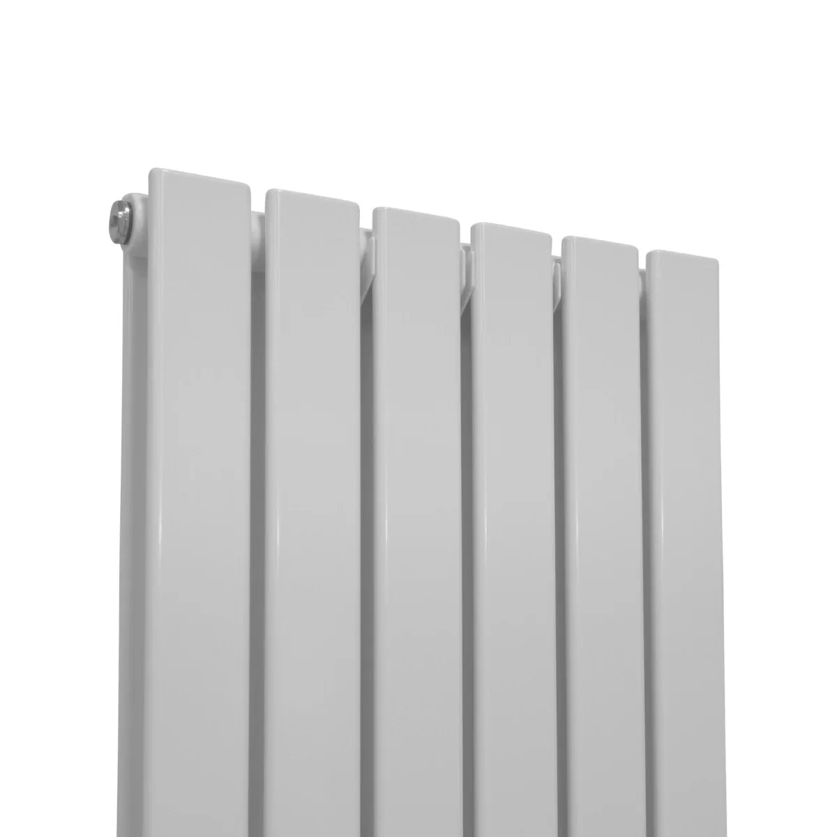 Gloss white designer flat panel radiator with sleek vertical lines, measuring 1600mm x 420mm, showcasing a modern finish