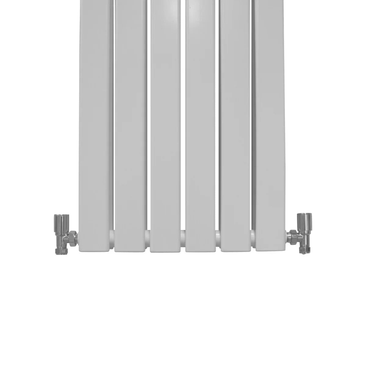 Gloss white designer flat panel radiator with sleek vertical fins and polished chrome valves, measuring 1600mm x 420mm
