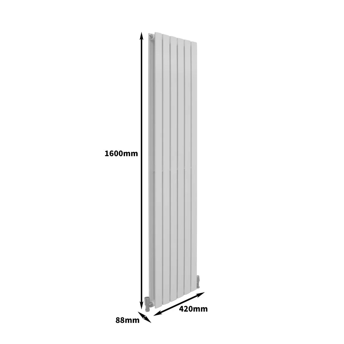 Gloss white designer flat panel radiator, slim vertical design, dimensions 1600mm x 420mm, sleek lines and modern finish