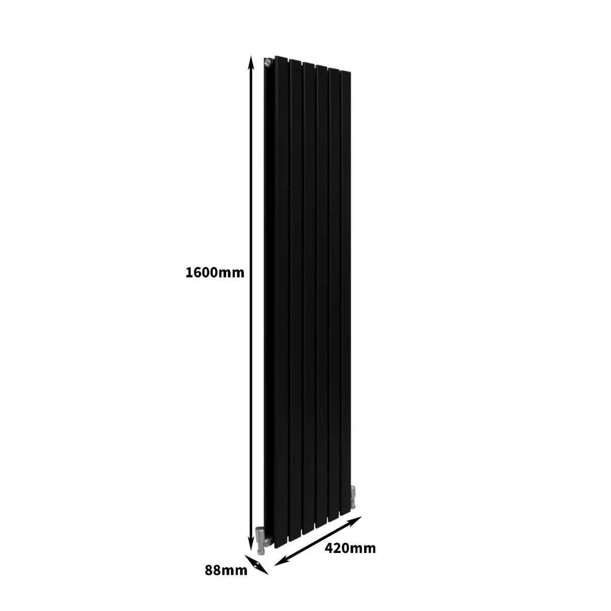 Sleek matt black designer flat panel radiator, measuring 1600mm x 420mm, featuring vertical slats for modern decor integration