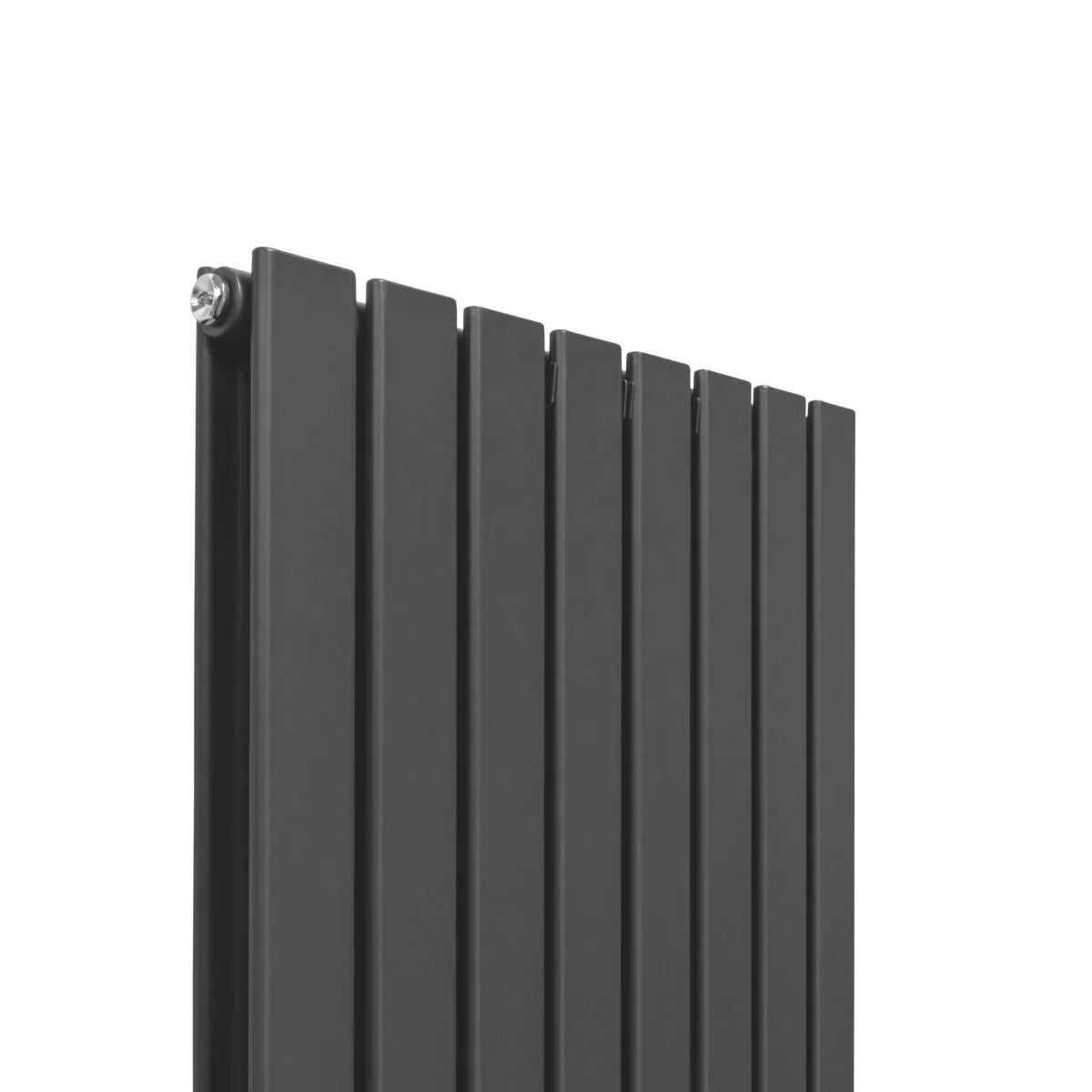 Sleek anthracite grey flat panel radiator, 1600mm x 560mm, featuring a modern design with vertical slats and a smooth finish