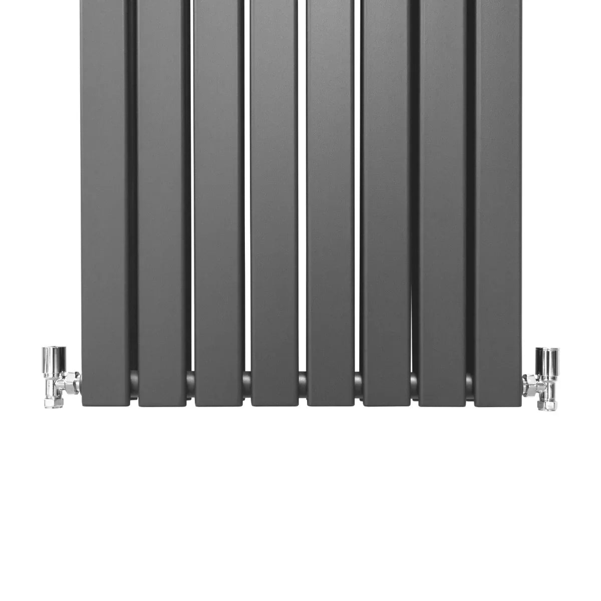 Designer flat panel radiator in anthracite grey, 1600mm x 560mm, featuring sleek vertical lines and polished chrome valves