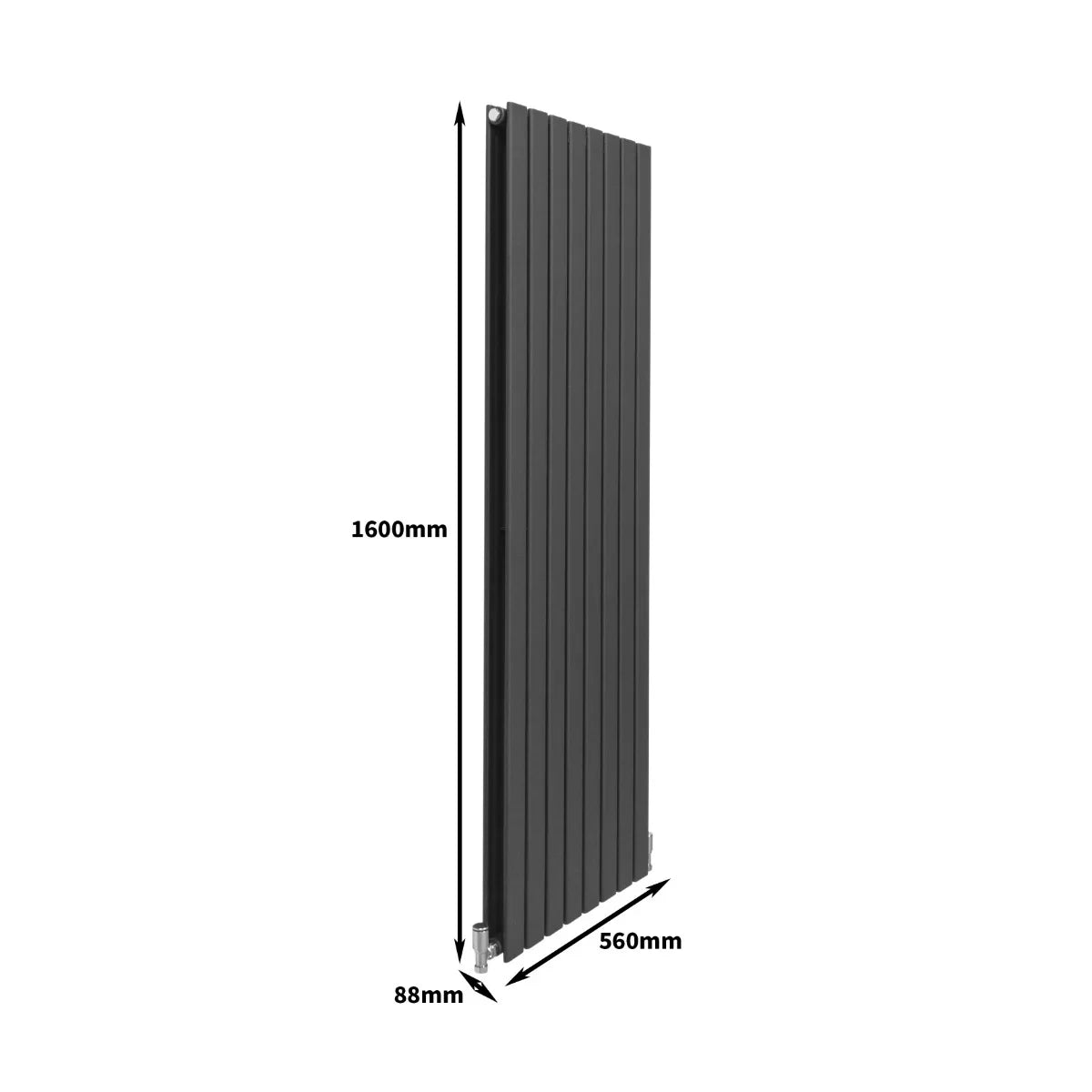 Designer flat panel radiator in anthracite grey, 1600mm x 560mm, featuring a sleek vertical design and smooth finish